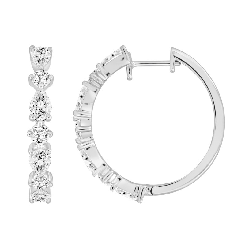 LADIES HOOP EARRINGS 2CT ROUND/PEAR DIAMOND 14K WHITE GOLD