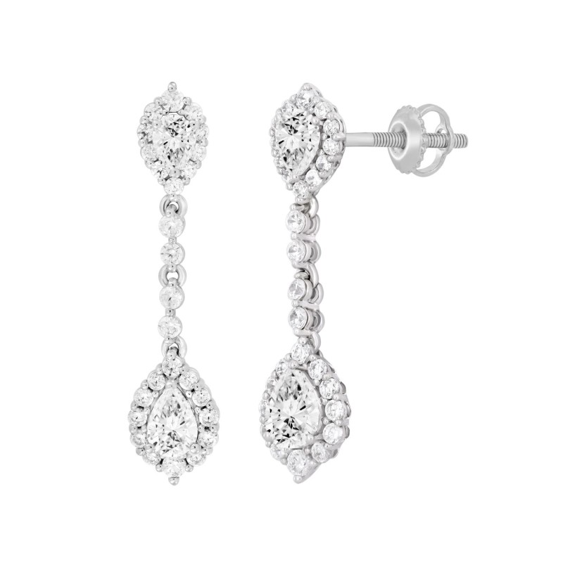 LADIES LINEAR EARRINGS 2 3/4CT PEAR/ROUND DIAMOND 14K WHITE GOLD (CENTER STONE PEAR DIAMOND 1CT )