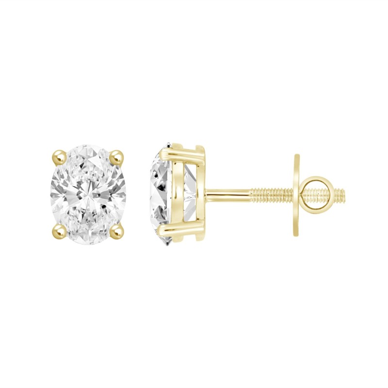 LADIES SOLITAIRE EARRINGS 1 1/2CT OVAL DIAMOND 14K YELLOW GOLD