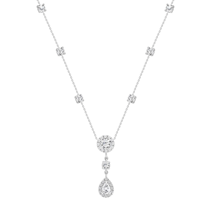 LADIES NECKLACE 2 3/4CT ROUND/PEAR DIAMOND 14K WHITE GOLD (CENTER STONE ROUND/PEAR DIAMOND 1/2CT 1/2CT )