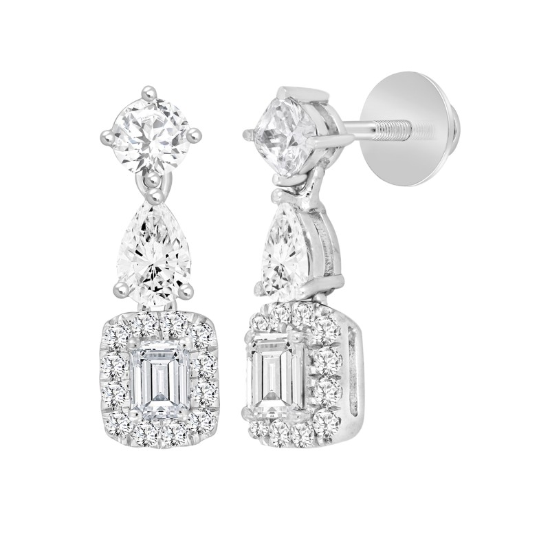 LADIES  EARRINGS  2CT ROUND/EMERALD/PEAR DIAMOND 14K WHITE GOLD (CENTER STONE EMERALD DIAMOND 1/2CT )
