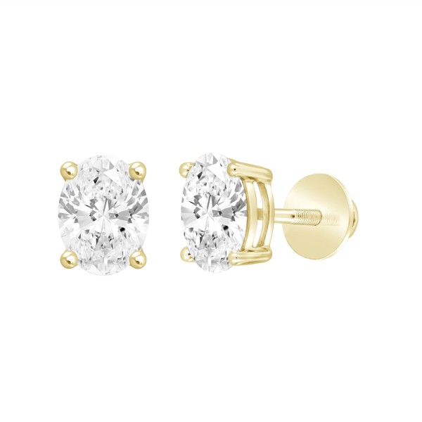 LADIES SOLITAIRE EARRINGS 2CT OVAL DIAMOND 14K YEL...