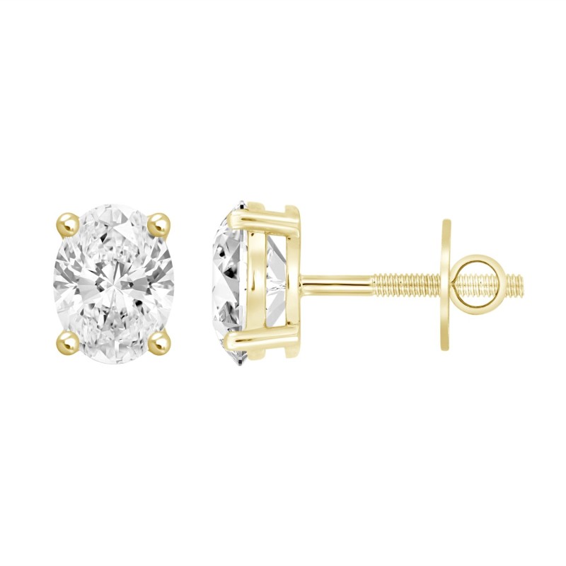 LADIES SOLITAIRE EARRINGS 2CT OVAL DIAMOND 14K YELLOW GOLD