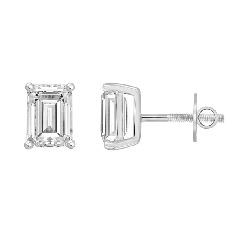 LADIES SOLITAIRE EARRINGS 1 1/2CT EMERALD DIAMOND 14K WHITE GOLD