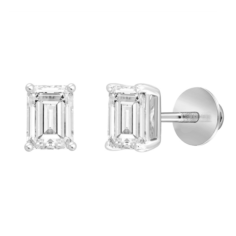 LADIES SOLITAIRE EARRINGS 1 1/2CT EMERALD DIAMOND 14K WHITE GOLD