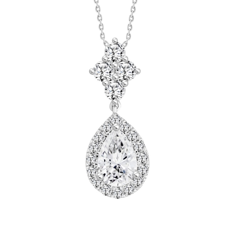 LADIES PENDANT WITH CHAIN 2 1/2CT ROUND/PEAR DIAMOND 14K WHITE GOLD (CENTER STONE PEAR DIAMOND 1 1/2CT )