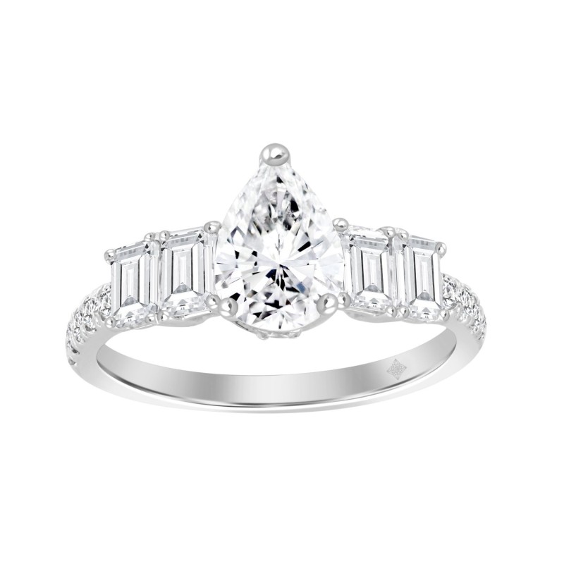 LADIES RING 2CT ROUND/EMERALD/PEAR DIAMOND 14K WHITE GOLD (CENTER STONE PEAR DIAMOND 1CT )