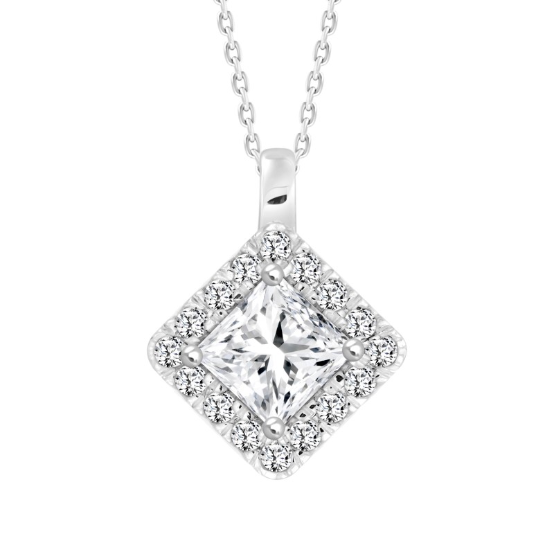 LADIES PENDANT WITH CHAIN 1 1/4CT ROUND/PRINCESS DIAMOND 14K WHITE GOLD (CENTER STONE PRINCESS DIAMOND 1CT)