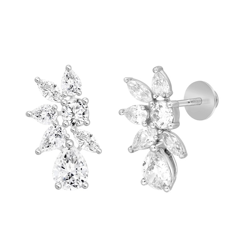 LADIES STUD EARRINGS 4 1/2CT PEAR/ROUND/MARQUISE DIAMOND 14K WHITE GOLD