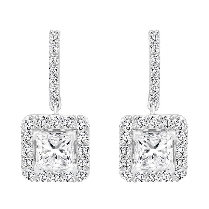 LADIES EARRINGS 3CT PRINCESS/ROUND DIAMOND 14K WHITE GOLD (CENTER STONE PRINCESS DIAMOND 2CT )