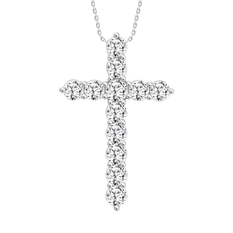 LADIES CROSS PENDANT WITH CHAIN 5CT ROUND DIAMOND 14K WHITE GOLD