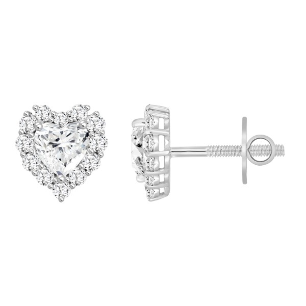 LADIES STUD EARRINGS 3CT HEART/ROUND DIAMOND 14K W...