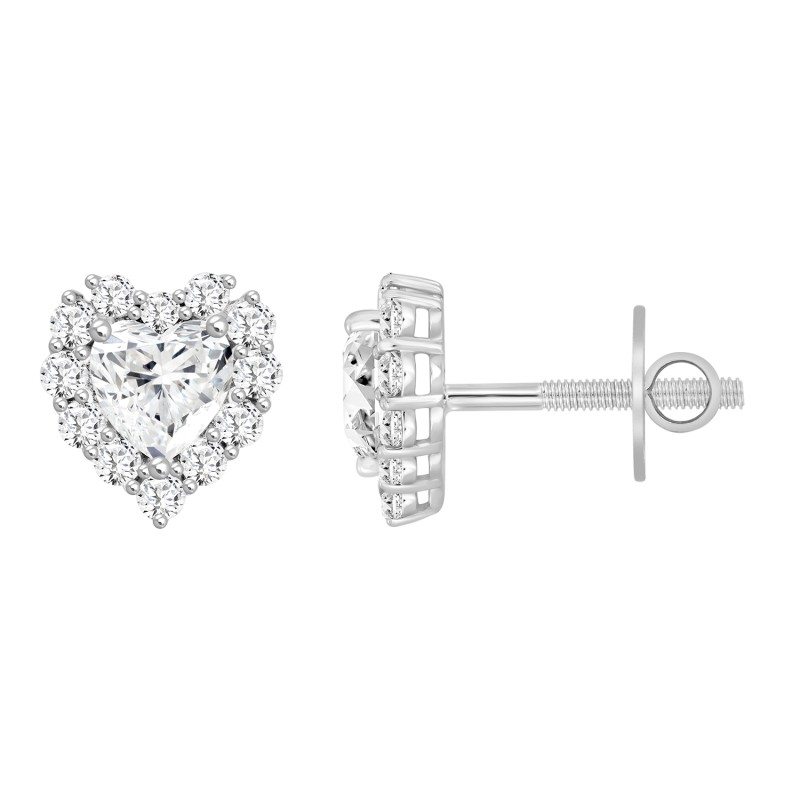 LADIES STUD EARRINGS 3CT HEART/ROUND DIAMOND 14K WHITE GOLD (CENTER STONE HEART DIAMOND 2CT )