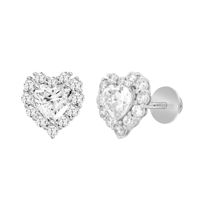 LADIES STUD EARRINGS 3CT HEART/ROUND DIAMOND 14K WHITE GOLD (CENTER STONE HEART DIAMOND 2CT )