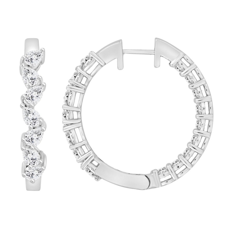 LADIES HOOP EARRINGS 4 3/4CT PEAR/ROUND DIAMOND 14K WHITE GOLD