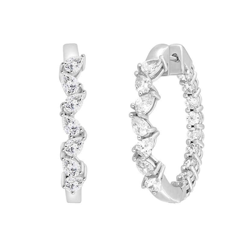 LADIES HOOP EARRINGS 4 3/4CT PEAR/ROUND DIAMOND 14K WHITE GOLD