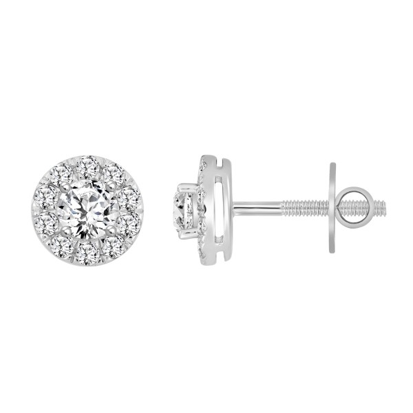 LADIES STUD EARRINGS 1CT ROUND DIAMOND 14K WHITE G...