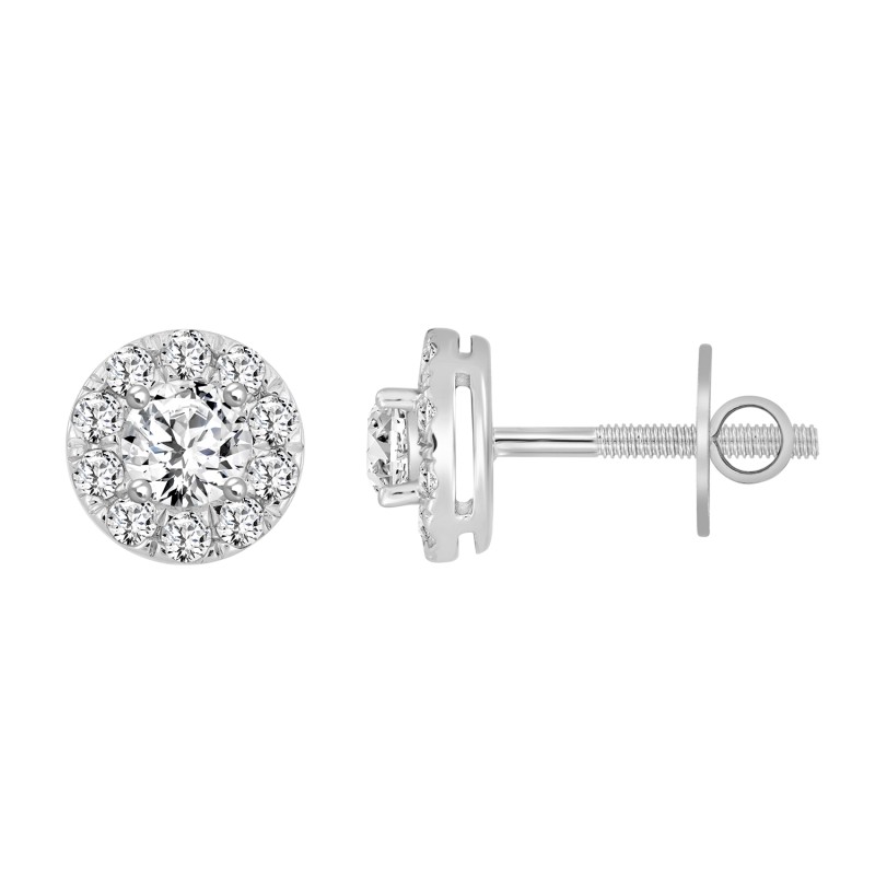 LADIES STUD EARRINGS 1CT ROUND DIAMOND 14K WHITE GOLD