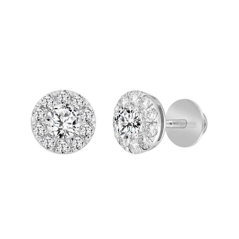 LADIES STUD EARRINGS 1CT ROUND DIAMOND 14K WHITE GOLD