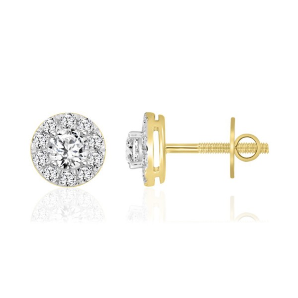 LADIES STUD EARRINGS 1CT ROUND DIAMOND 14K YELLOW ...