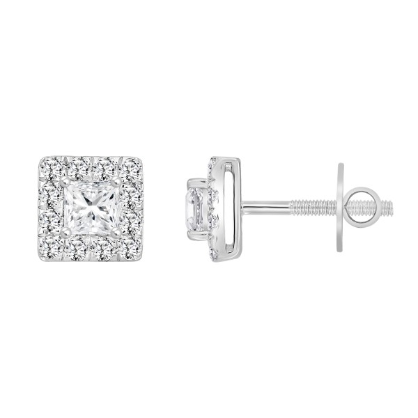 LADIES STUD EARRINGS 1CT PRINCESS/ROUND DIAMOND 14...