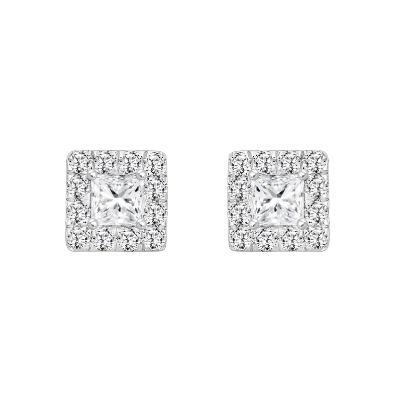 LADIES STUD EARRINGS 1CT PRINCESS/ROUND DIAMOND 14K WHITE GOLD