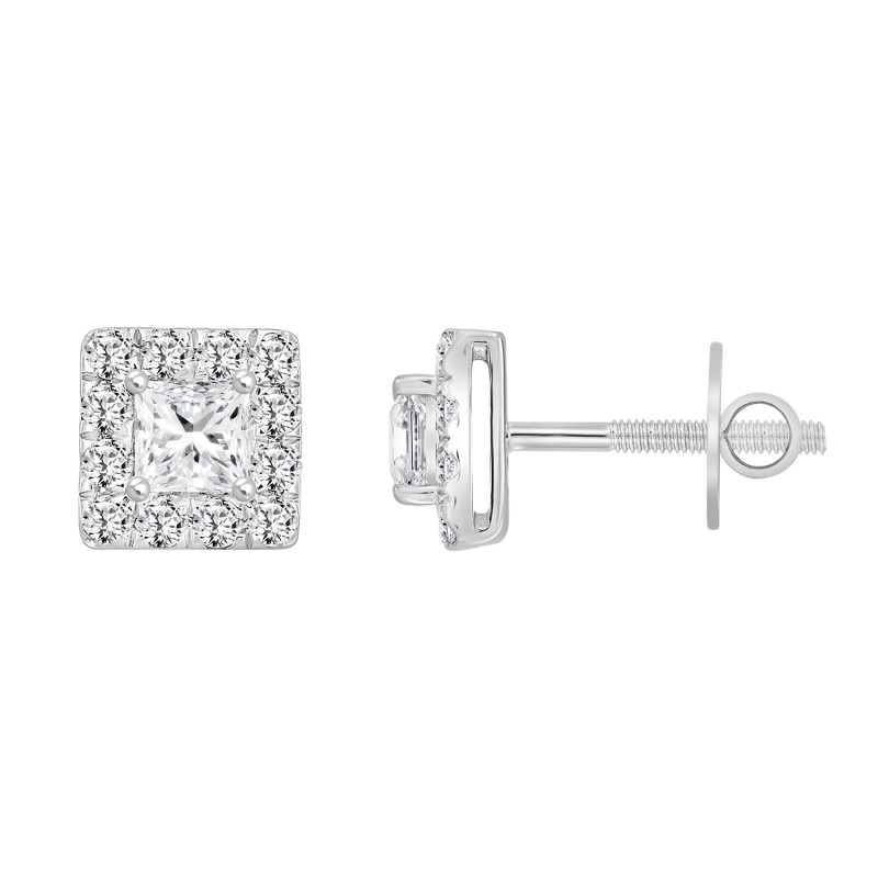 LADIES STUD EARRINGS 1CT PRINCESS/ROUND DIAMOND 14K WHITE GOLD