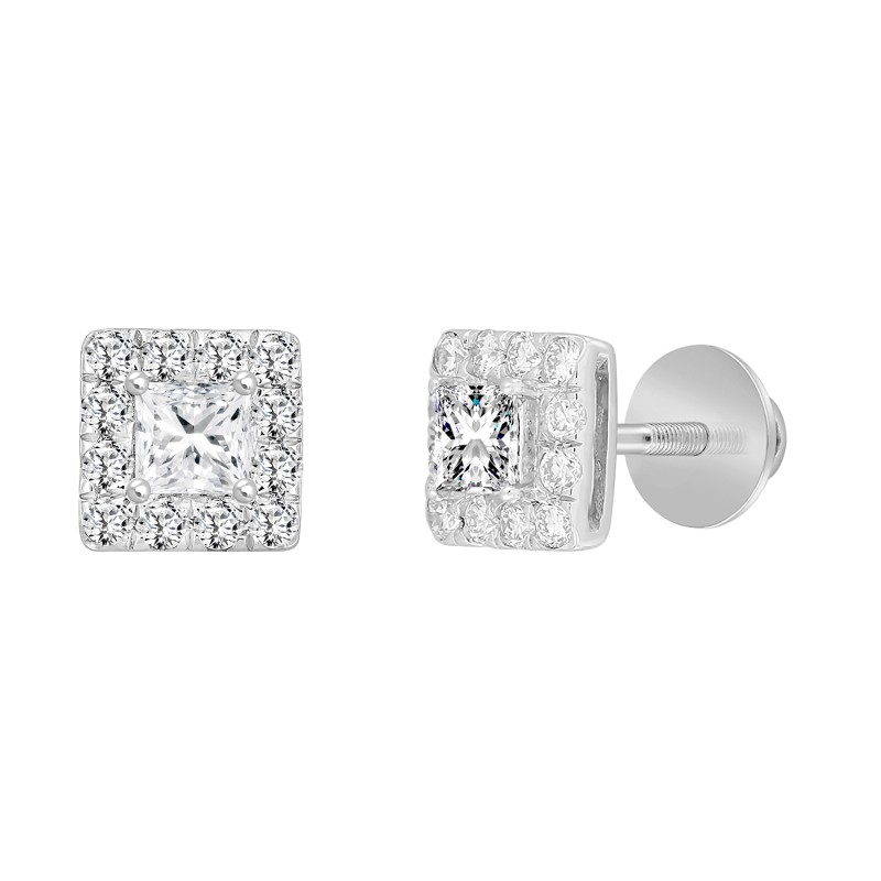 LADIES STUD EARRINGS 1CT PRINCESS/ROUND DIAMOND 14K WHITE GOLD