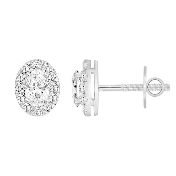 LADIES STUD EARRINGS 1CT OVAL/ROUND DIAMOND 14K WH...