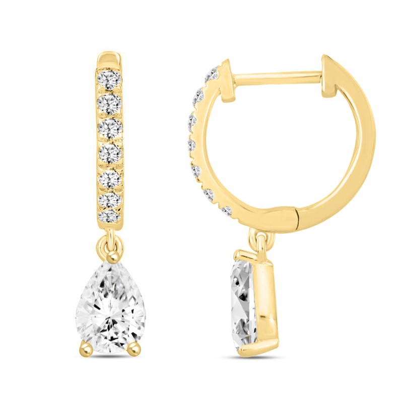 LADIES EARRINGS  1 1/4CT PEAR/ROUND DIAMOND 14K YELLOW GOLD (CENTER STONE PEAR DIAMOND 1CT)