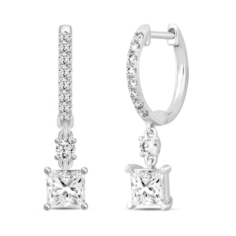 LADIES EARRINGS 1 1/4CT PRINCESS/ROUND DIAMOND 14K WHITE GOLD (CENTER STONE PRINCESS DIAMOND 1CT)