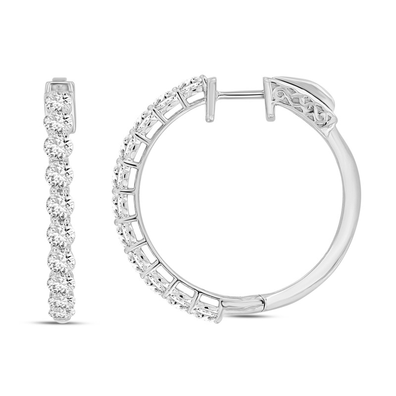 LADIES HOOP EARRINGS 2CT ROUND DIAMOND 14K WHITE GOLD