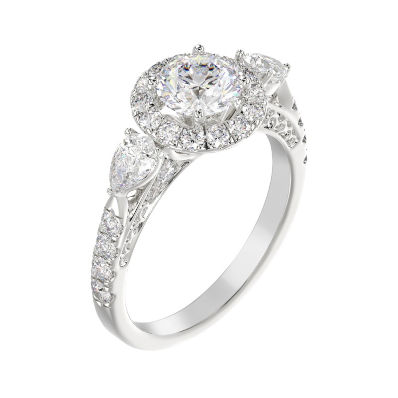 LADIES RING 2CT ROUND/PEAR DIAMOND 14K WHITE GOLD (CENTER STONE ROUND DIAMOND 1CT )