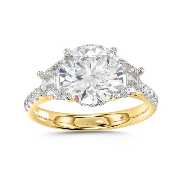 LADIES RING 3CT ROUND/TRAPEZOID DIAMOND 14K YELLOW...