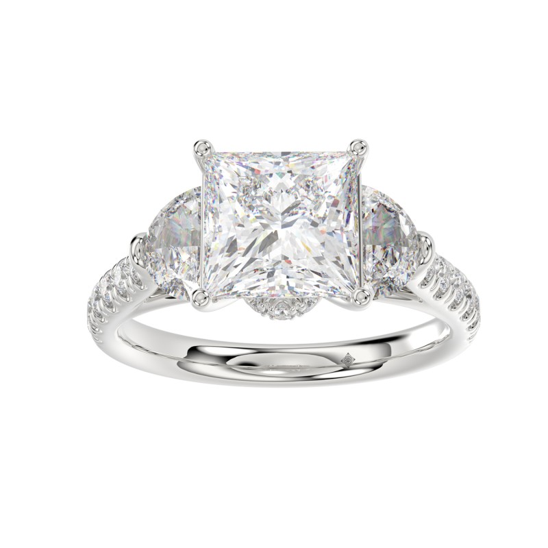 LADIES RING 3CT ROUND/PRINCESS/HALF MOON DIAMOND 14K WHITE GOLD (CENTER STONE PRINCESS DIAMOND 2CT )