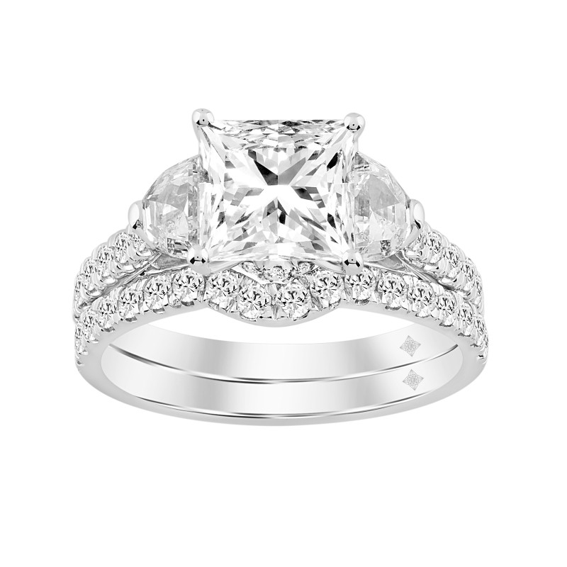 LADIES BRIDAL SET 3 1/3CT ROUND/PRINCESS HALF MOON DIAMOND 14K WHITE GOLD (CENTER STONE PRINCESS DIAMOND 2CT )