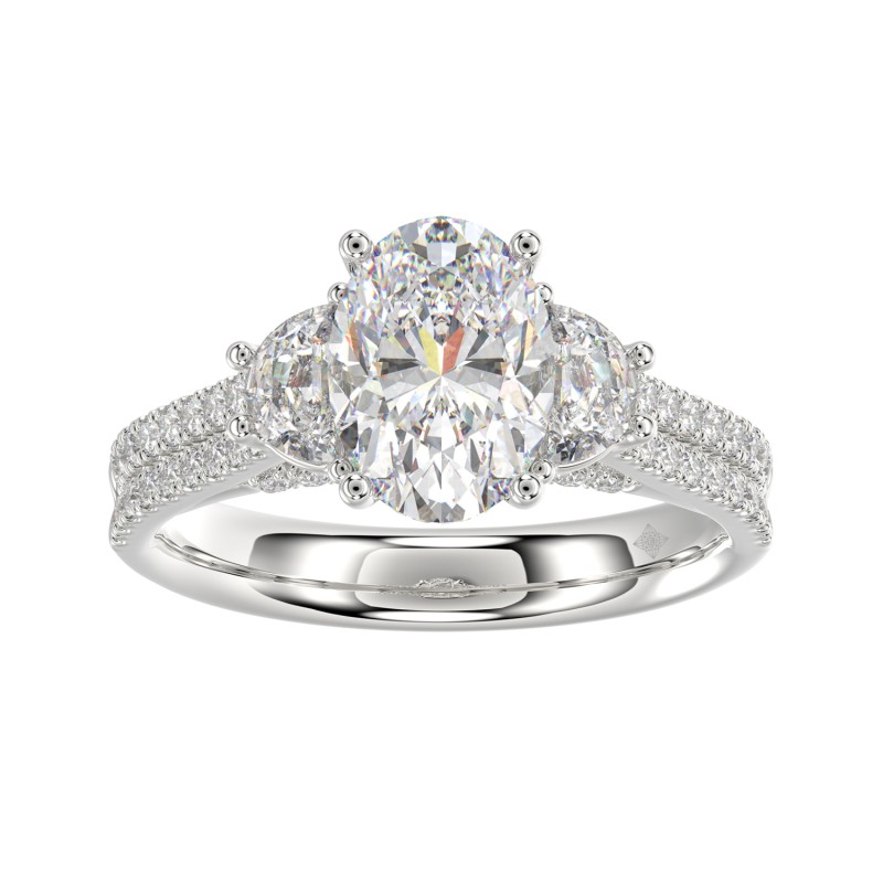 LADIES RING 3CT ROUND/OVAL/HALF MOON DIAMOND 14K WHITE GOLD (CENTER STONE OVAL DIAMOND 2CT )