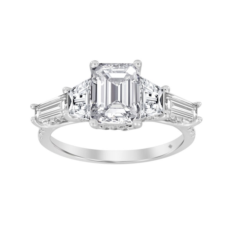 LADIES RING 3 1/2CT ROUND/EMERALD/TRAPEZOID/BAGUETTE DIAMOND 14K WHITE GOLD (CENTER STONE EMERALD DIAMOND 2CT )