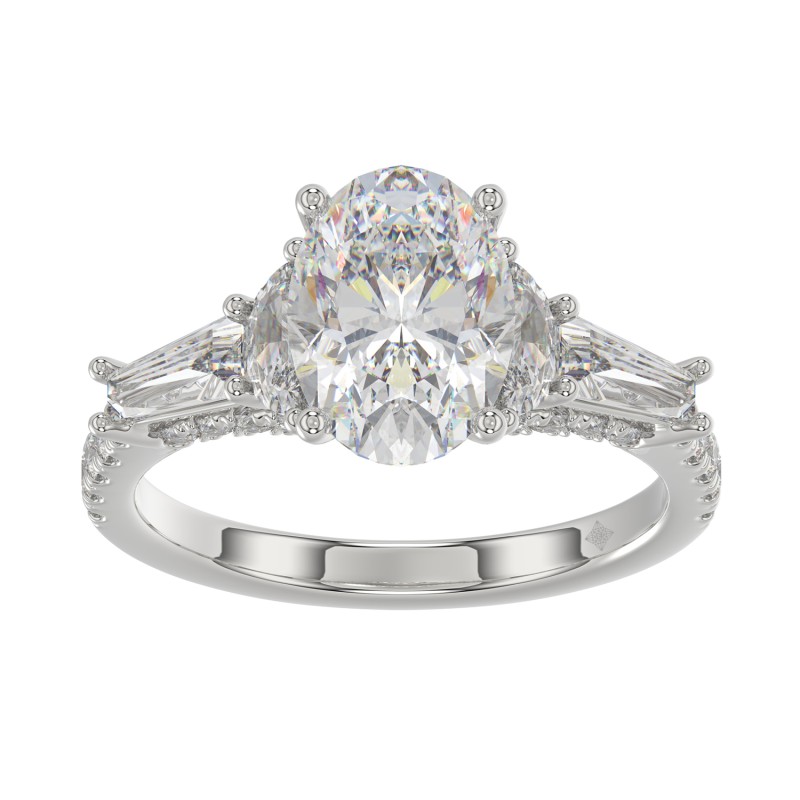 LADIES RING 3 1/2CT ROUND/HALF MOON/OVAL/BAGUETTE DIAMOND 14K WHITE GOLD (CENTER STONE OVAL DIAMOND 2CT )