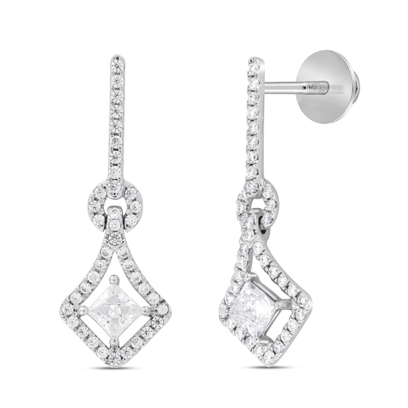 LADIES EARRINGS 1 1/3CT ROUND/PRINCESS DIAMOND 14K WHITE GOLD