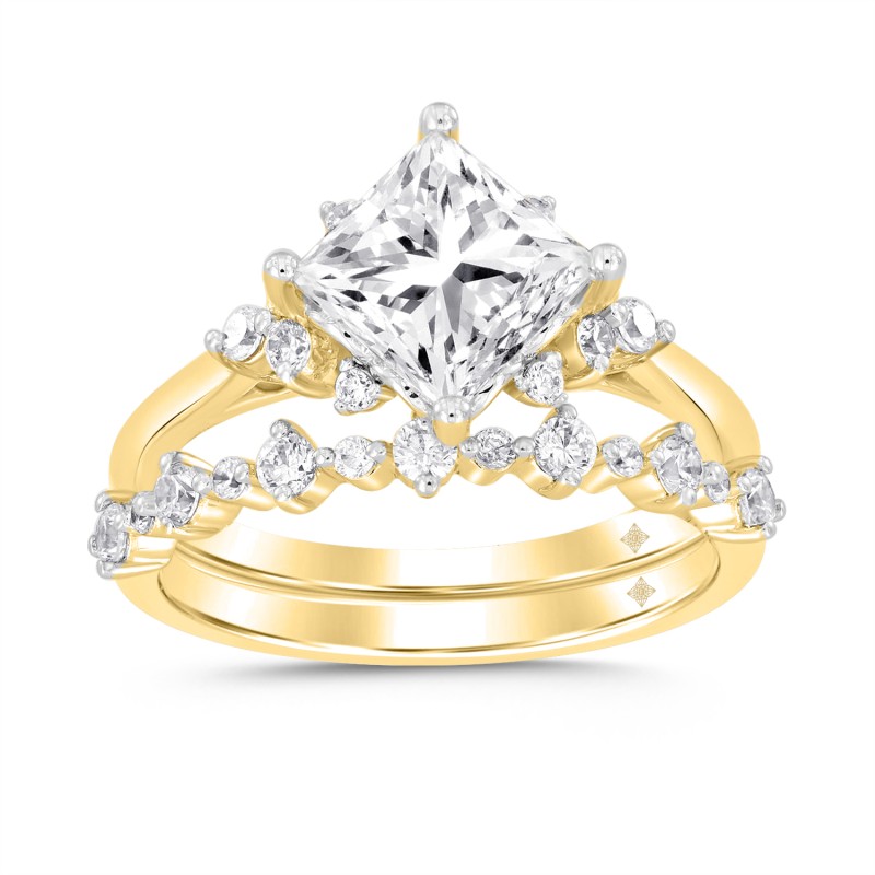 LADIES BRIDAL SET 2 1/2CT ROUND DIAMOND 14K YELLOW GOLD (CENTER STONE PRINCESS DIAMOND 1CT )