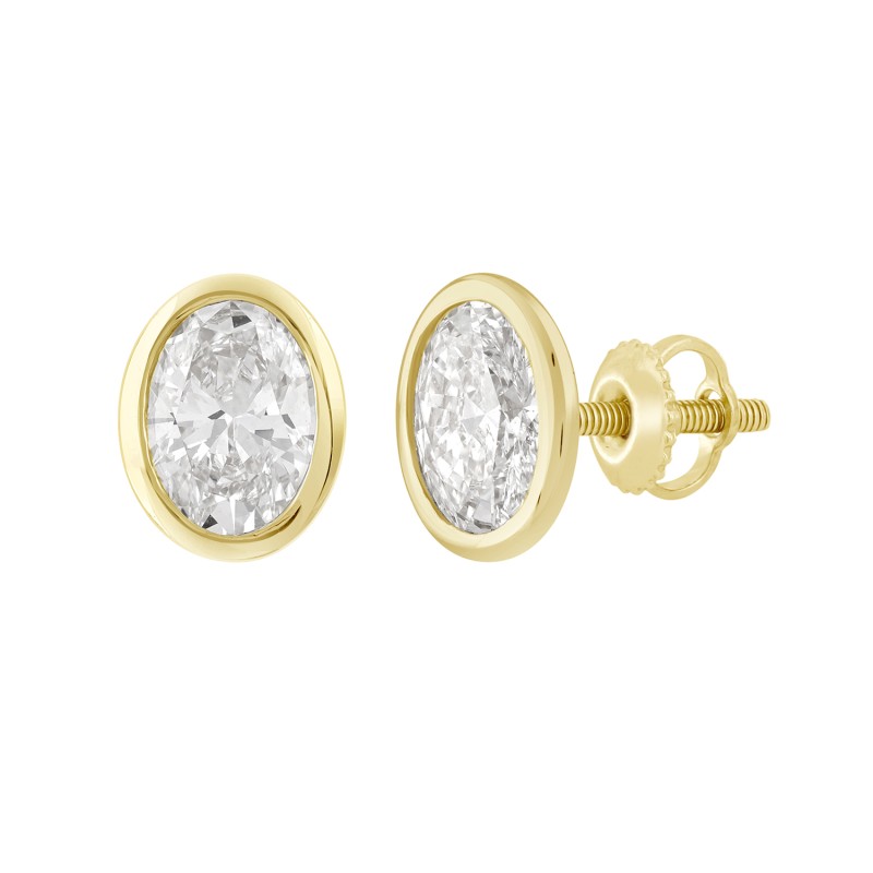 LADIES SOLITAIRE EARRINGS 2CT OVAL DIAMOND 14K YELLOW GOLD