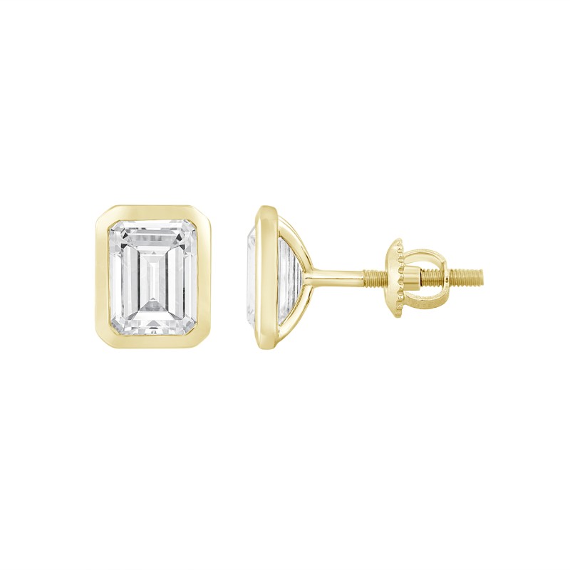 LADIES SOLITAIRE EARRINGS 1CT EMERALD DIAMOND 14K YELLOW GOLD