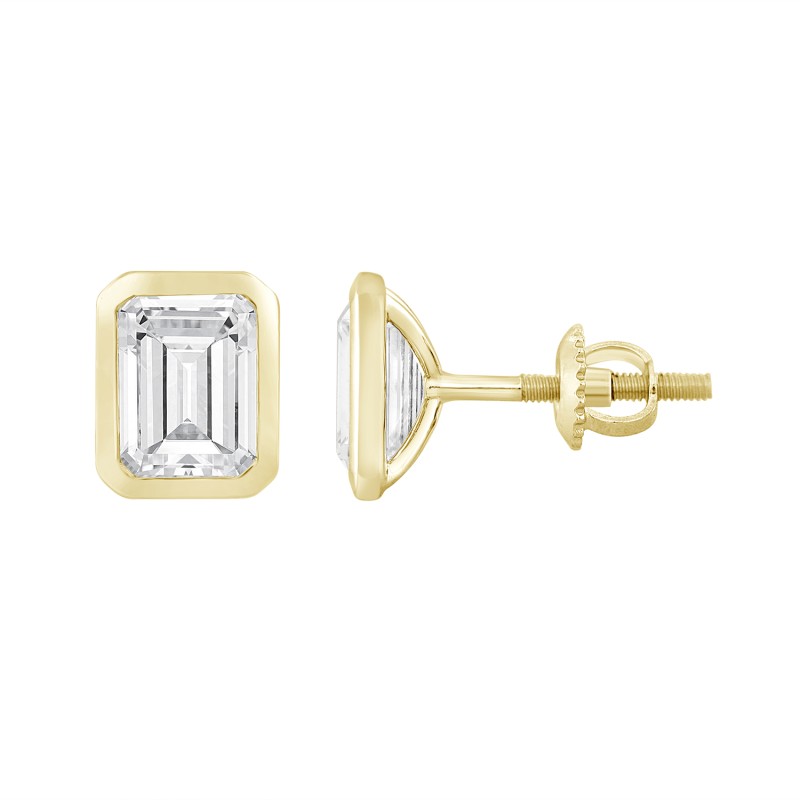 LADIES SOLITAIRE EARRINGS 2CT EMERALD DIAMOND 14K YELLOW GOLD