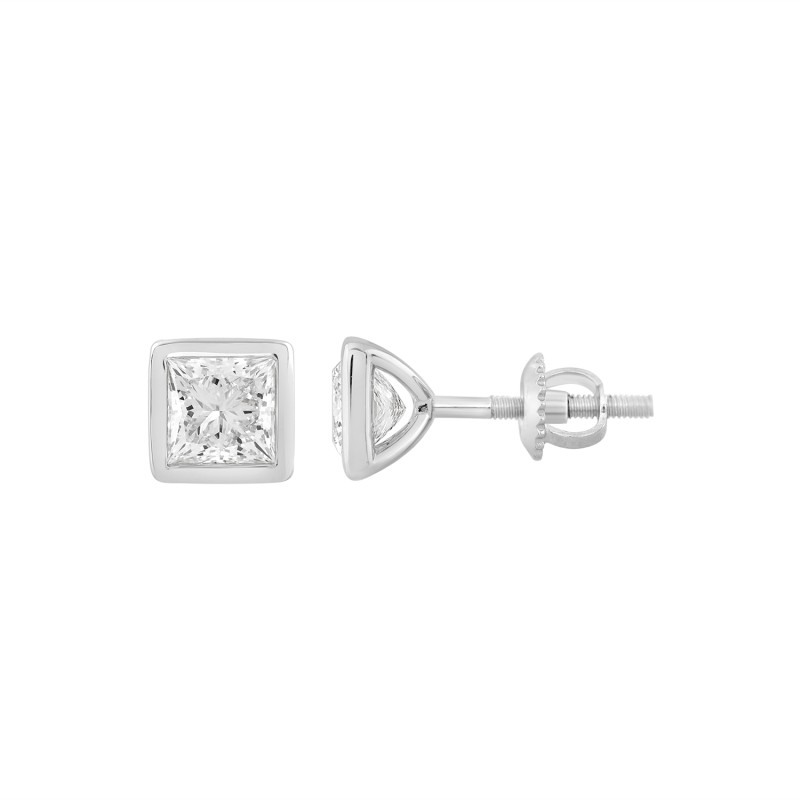 LADIES SOLITAIRE EARRINGS 1CT PRINCESS DIAMOND 14K WHITE GOLD