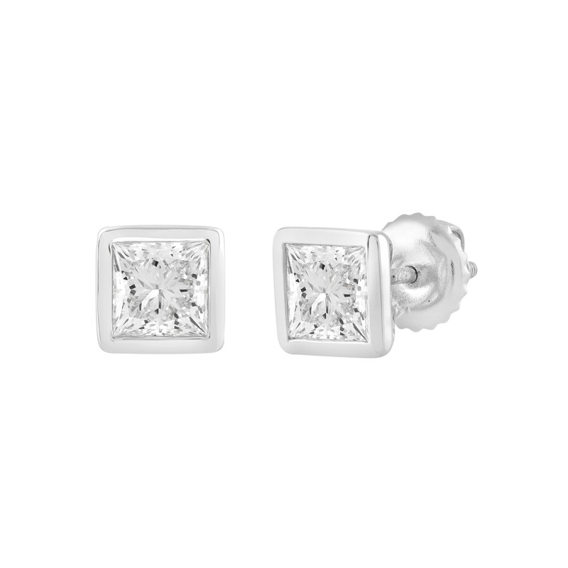 LADIES SOLITAIRE EARRINGS 1CT PRINCESS DIAMOND 14K WHITE GOLD