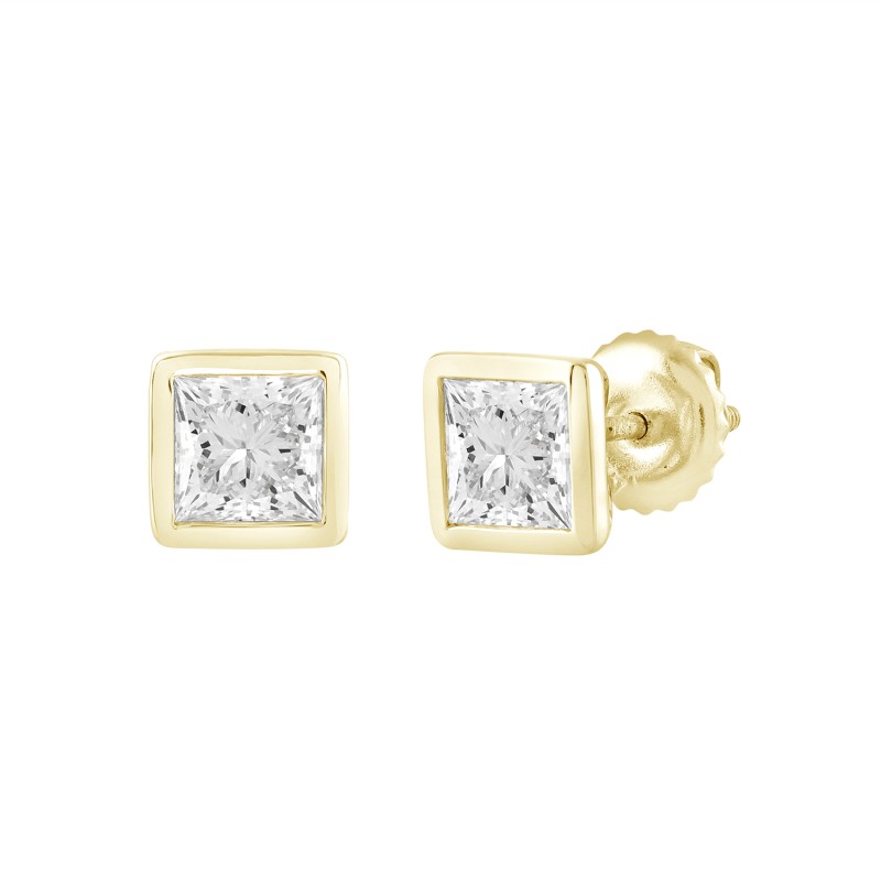 LADIES SOLITAIRE EARRINGS 1CT PRINCESS DIAMOND 14K YELLOW GOLD