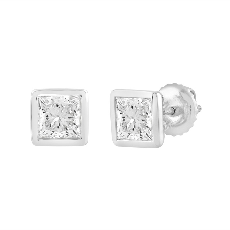 LADIES SOLITAIRE EARRINGS 2CT PRINCESS DIAMOND 14K WHITE GOLD