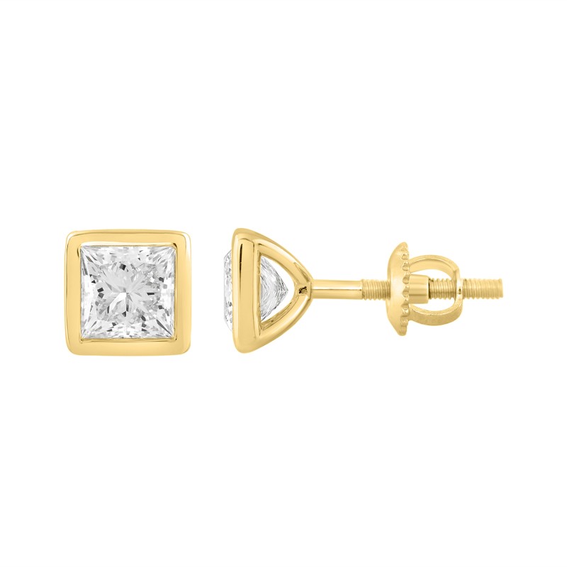 LADIES SOLITAIRE EARRINGS 2CT PRINCESS DIAMOND 14K YELLOW GOLD