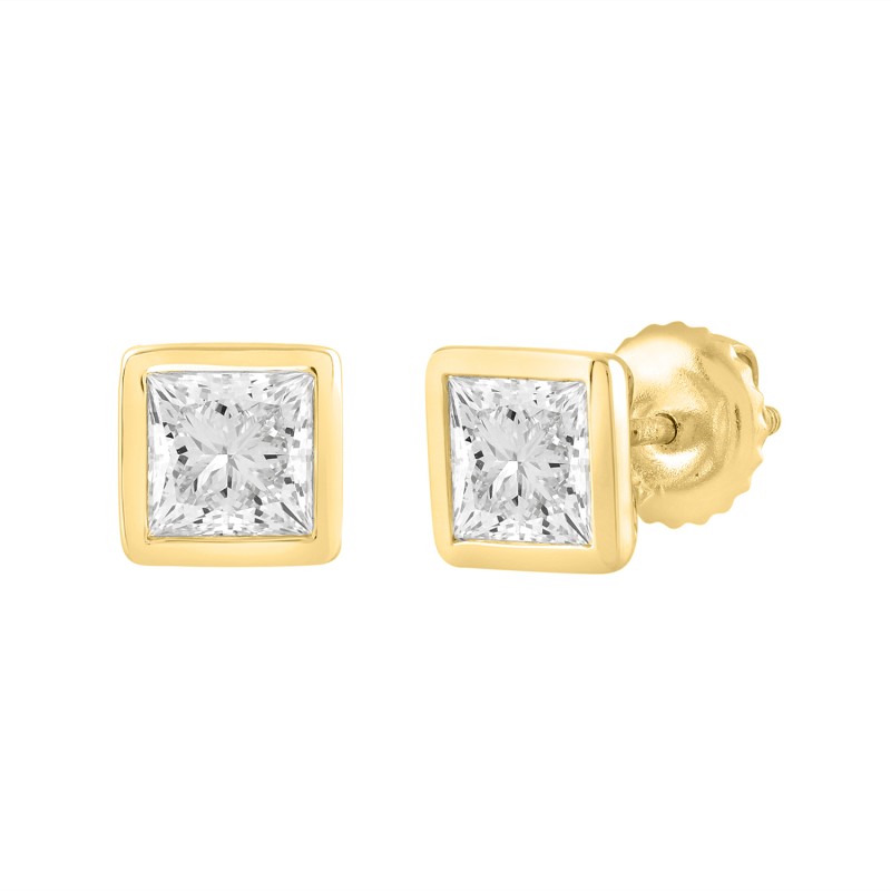 LADIES SOLITAIRE EARRINGS 2CT PRINCESS DIAMOND 14K YELLOW GOLD